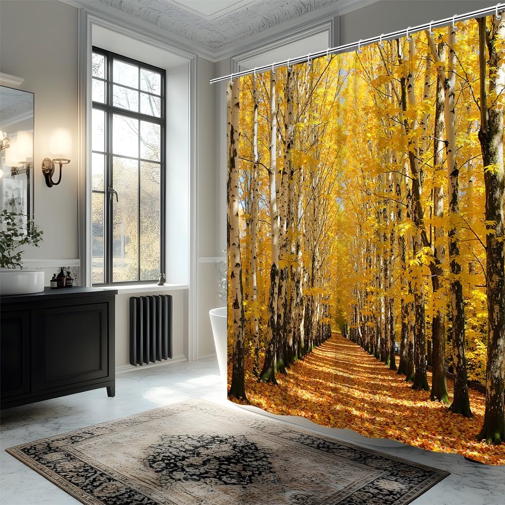 Fall Forest Shower Curtain Autumn Orange Yellow Maple Leaves Wild Tree Nature Landscape Farm Seasonal Farmhouse Outdoor Nature Scene Rustic Country Enchanted Decorative Curtain Polyester Fabric