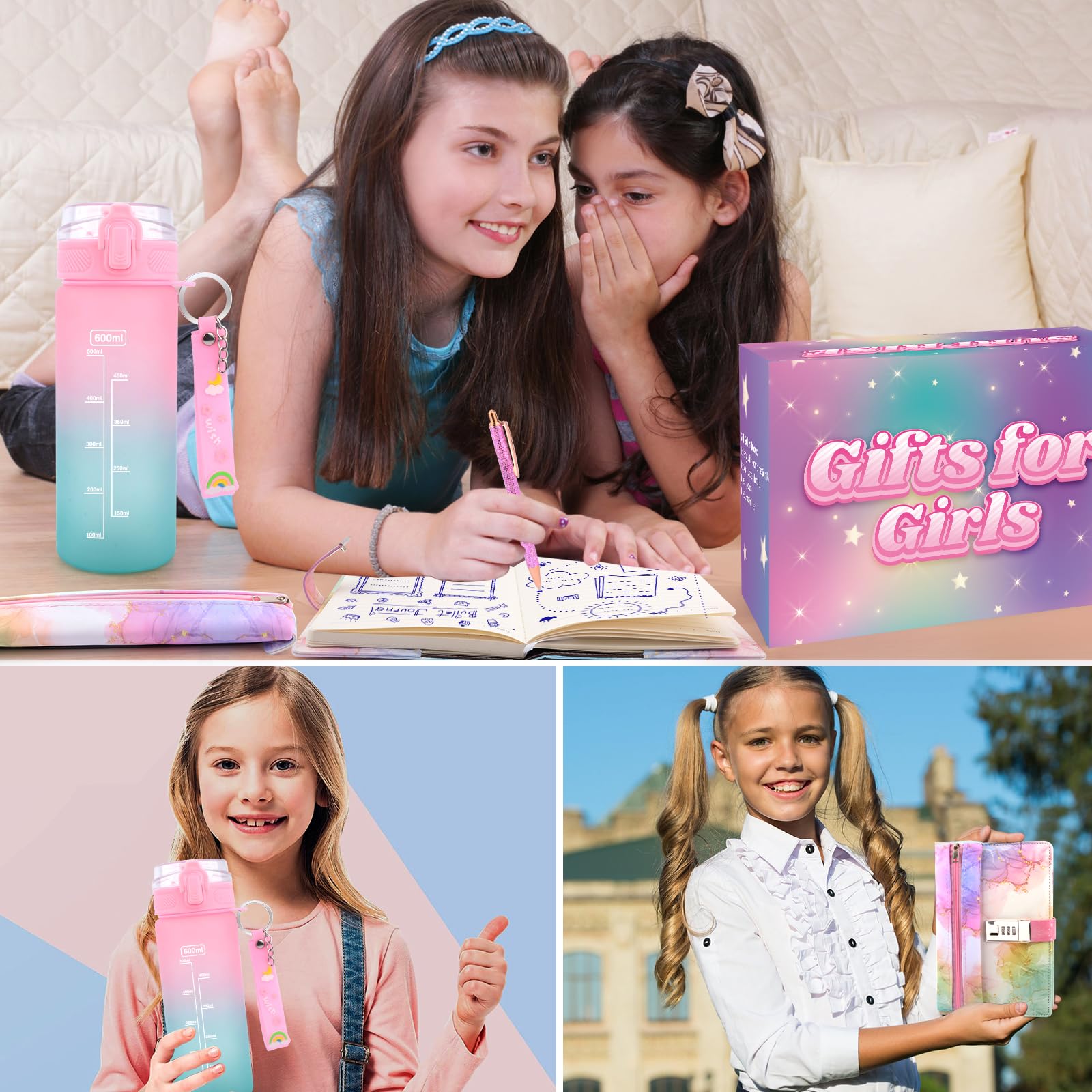 Diario Segreto Bambina, Borraccia Bambina,Regalo Ragazze 7 8 9 10 11 12 13 14 Anni, Diario con Lucchetto per Ragazze,Pasqua Compleanno Regali per Ragazze Cancelleria Quaderno Penna Astuccio per Matite