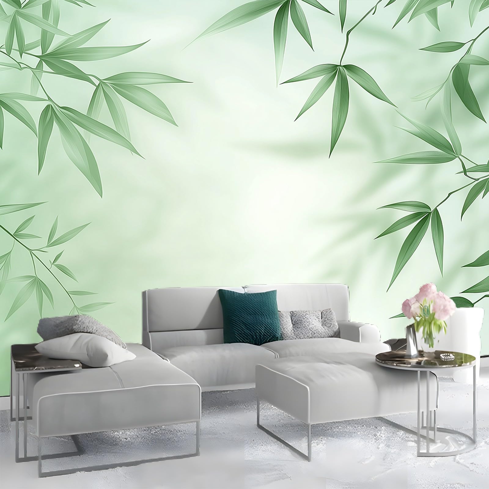 Panoramiczna tapeta Proste liście bambusa zielony biały 300 x 210 cm (szer. x wys.), gigantyczny plakat ścienny 3D nowoczesna tapeta dekoracja ścienna salon sypialnia sypialnia sypialnia biuro tapety