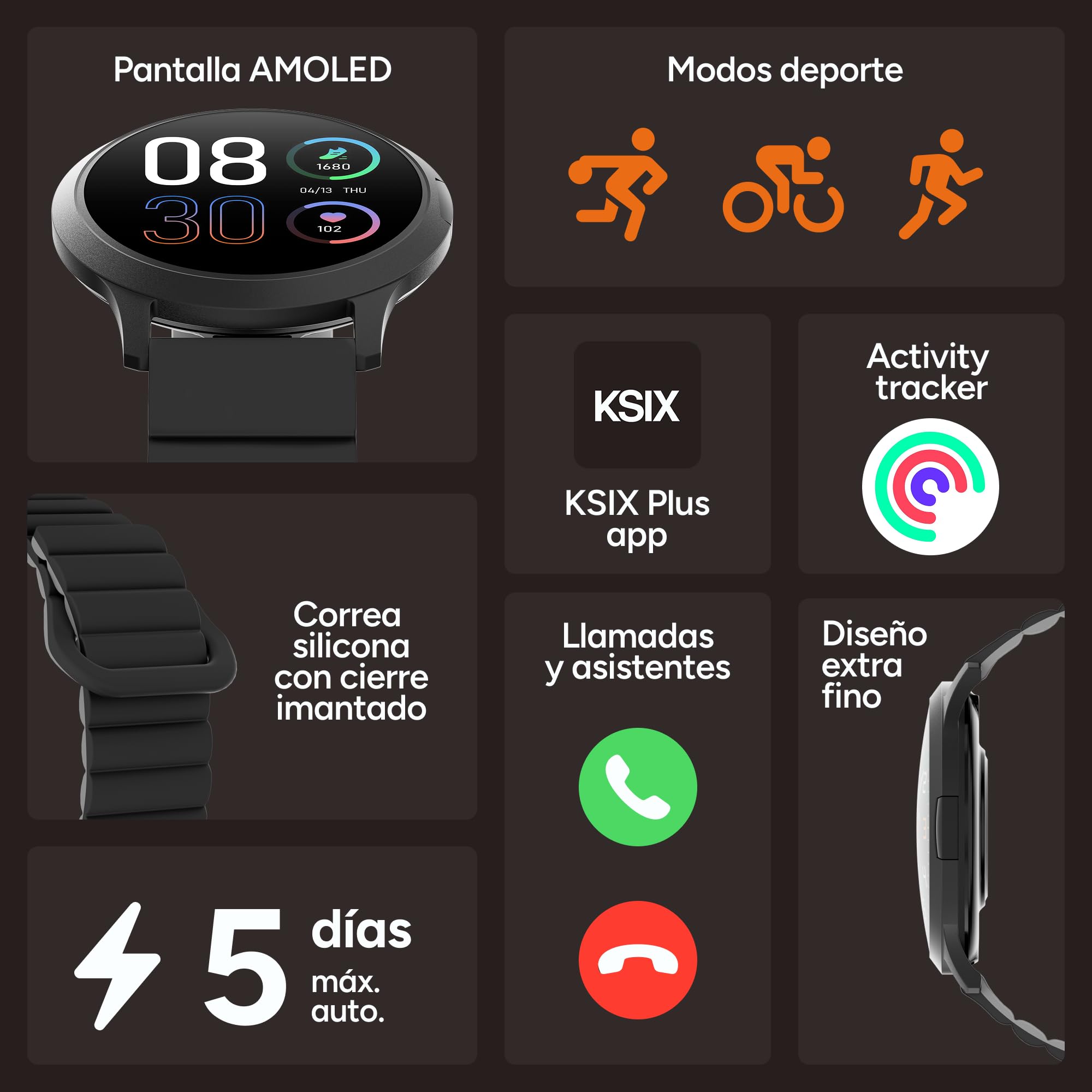 KSIX Smartwatch Core 3 Go - Reloj Inteligente Pantalla AMOLED 1.32", Diseño Ultra Fino, Llamadas, Correa de Silicona Magnética, IP67, Compatible con iPhone® y Android® - Negro