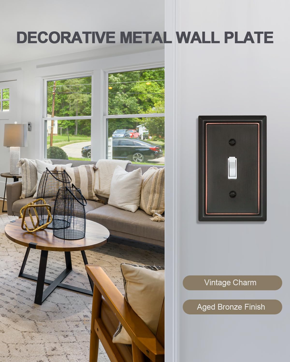 Decorative Focus Frame Switch Plates Outlet Covers, Durable Metal Wall Plates (Aged Bronze/1 Toggle 4 Pack)
