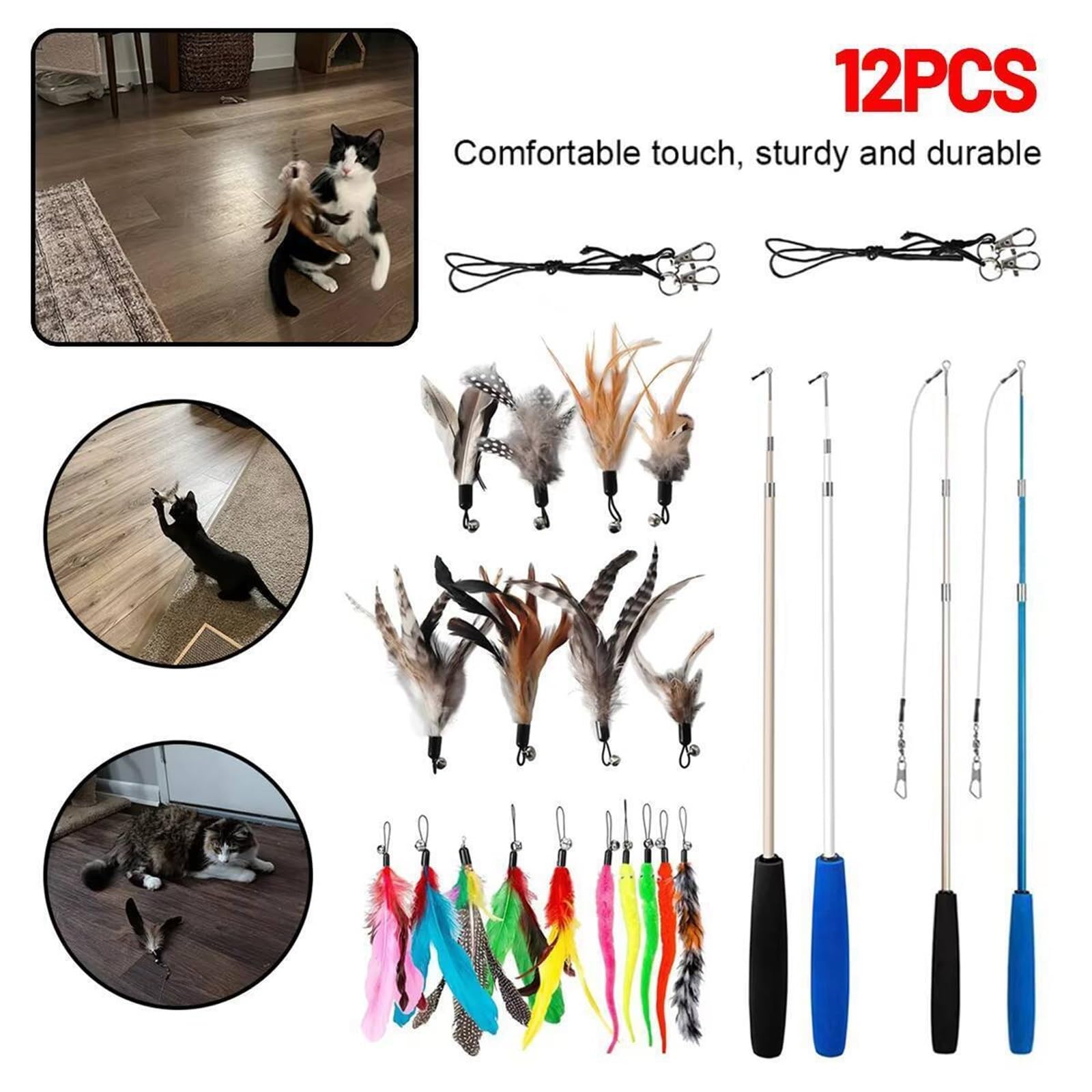 Canne a Peche Chat Jouet interactif for Chaton et Chat, 12 pièces, Jouets for Animaux de Compagnie pour l'Ennui