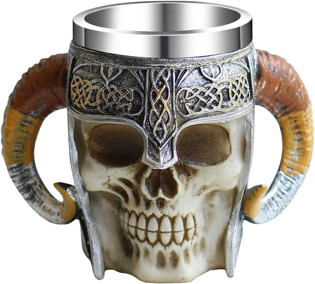 OTARTU 13oz Double Handle Viking Ram Horn Skull Mugs Coffee Cups Beer Tankard Stainless Steel Liner Medieval Skull Drinkware Mug for Coffee/Beverage/Juice