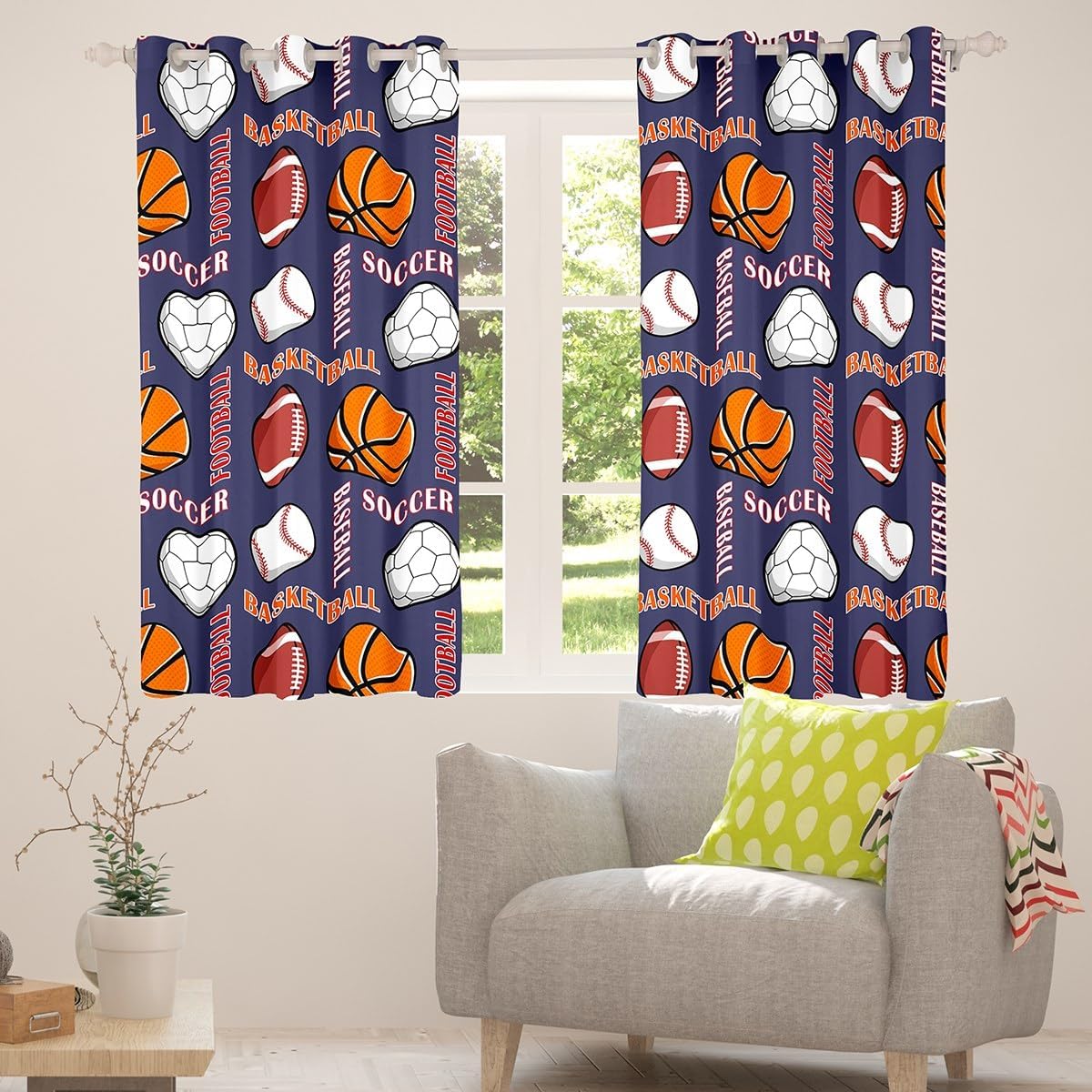 Football Basketball Window Curtains Teens Adult,Different Ball Prints Curtains for Bedroom,Sports Gaming Draperies for Living Room,Soccer Baseball Window Treatment Curtains Set of 2 Panels,52Wx63L