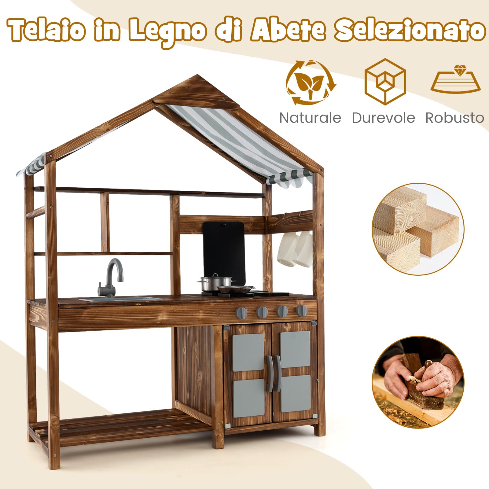COSTWAY Set da Cucina per Bambini, Cucina da Giardino con Tettoia, Rubinetto Girevole e Lavello Rimovibile, Fornelli e Manopole Realistici, Lavagna, per Bambini 3-7 Anni