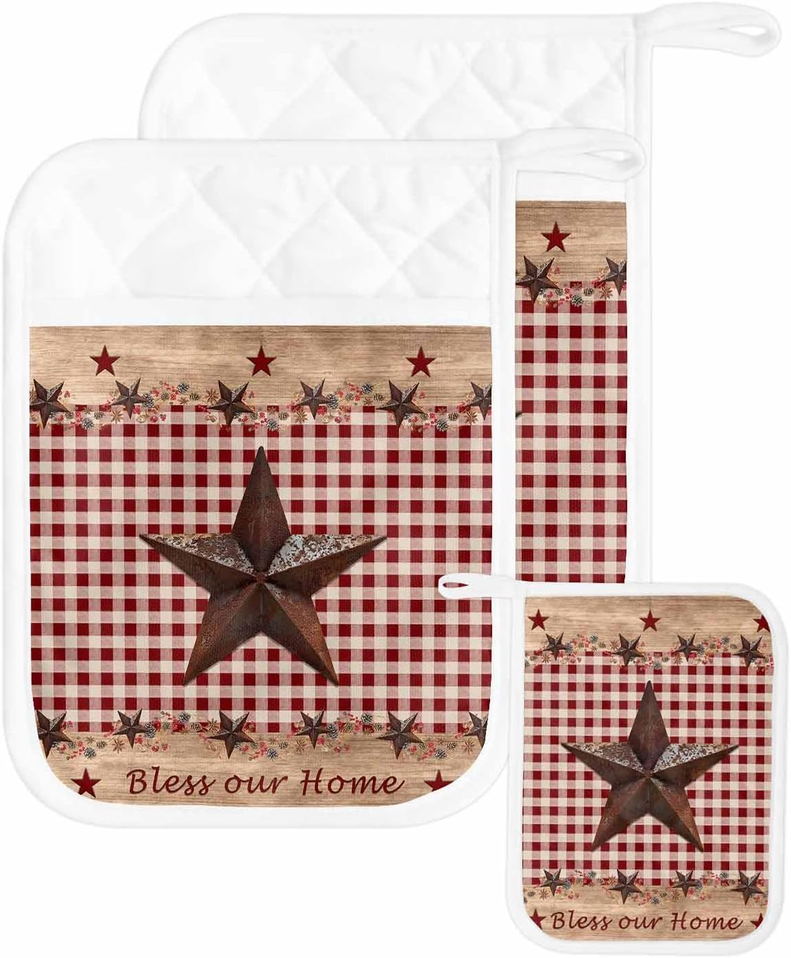 5PCS Pot Holders with Pocket for Kitchen, Country Star Farm Pot Holder Set Heat Insulation Potholders, Farmhouse Plaid Texas Vintage Fruit Oven Mitts Hot Pads for Baking Cooking Barbecue