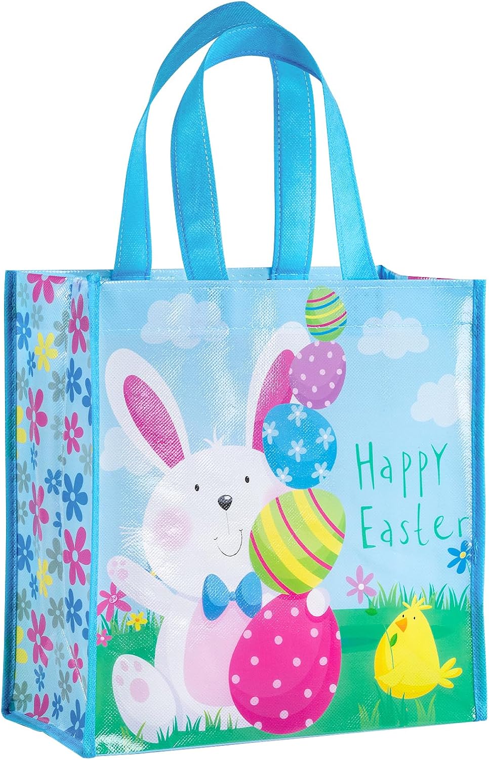 Loveinside Easter Reusable Gift Bag, Cute Bunny, Chick, Flower and Eggs, Blue “Happy Easter” Design Medium Recycled Gift Bag for Kids Gifts, Holiday Party, Egg Hunt, Spring, 10" x 5" x 10", 1 Pcs