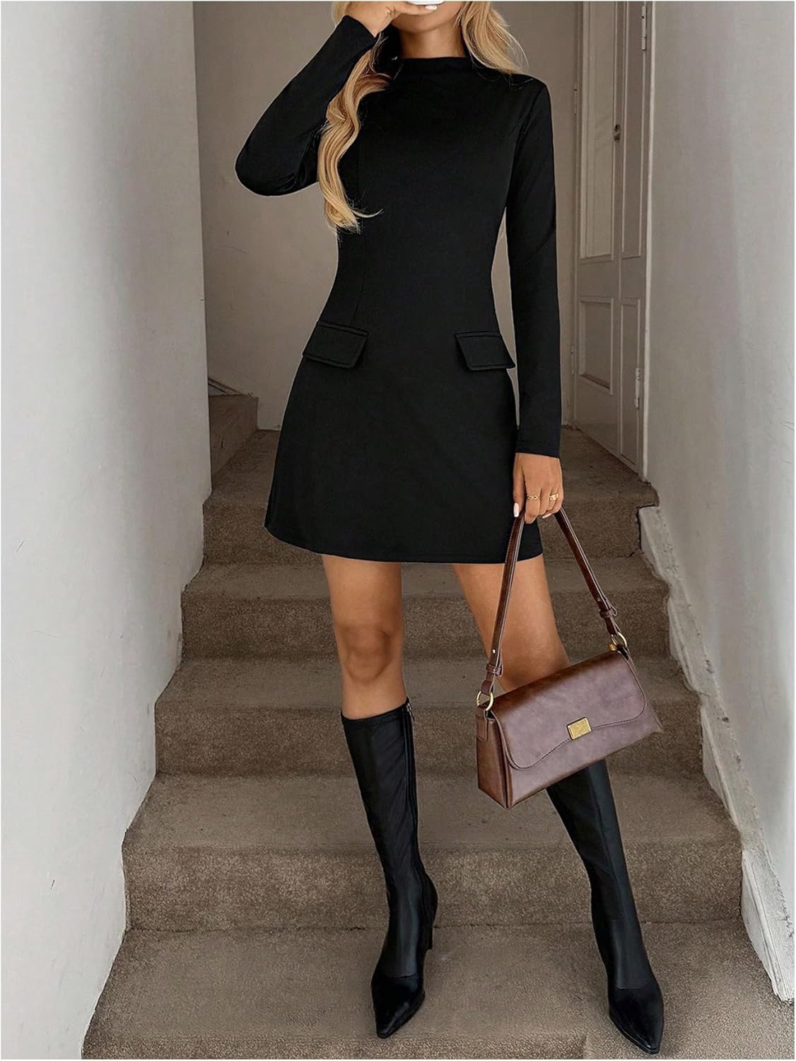 Women's Mock Neck Long Sleeve Dress Elegant A Line Mini Cocktail Party Dresses Business Casual Outfits - Image 5