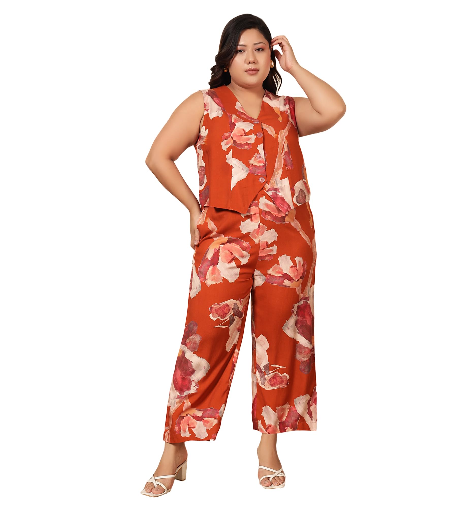 Women's Floral Rayon Ankle Length Waistcoat with Trouser|V-Neck|Cord Set for Women Fashion|Long Western Dress for Women Stylish Two Piece Co ord Set|Party Casual Wear(Multicolor)