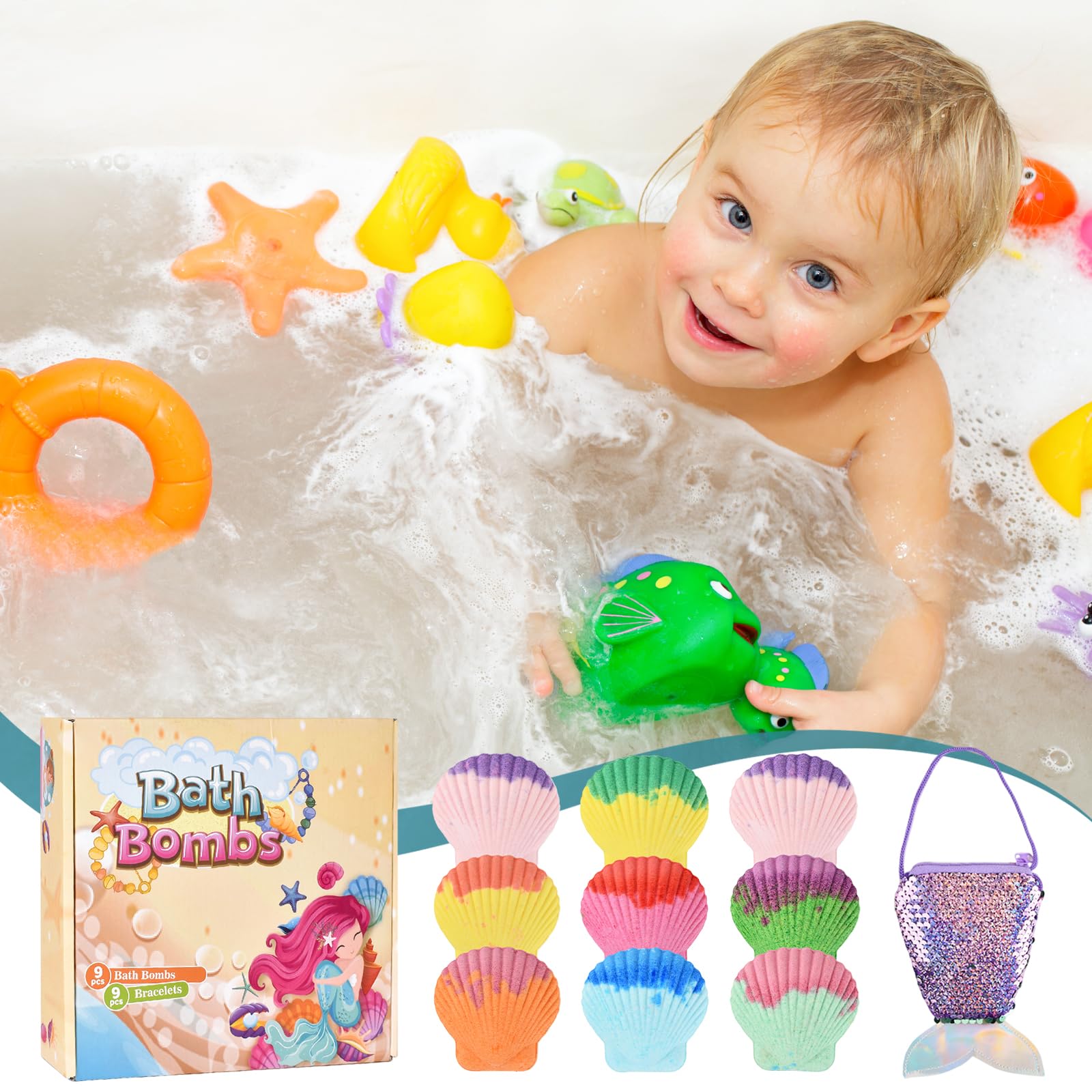 Bombe da Bagno Bambini con Gioielli Sorpresa, 9x150g Bomba da Bagno in schiuma naturale e organica, Effervescenti Bubble Bath Bombs Kit con Borse per Ragazze Regali di Compleanno Pasqua Natale