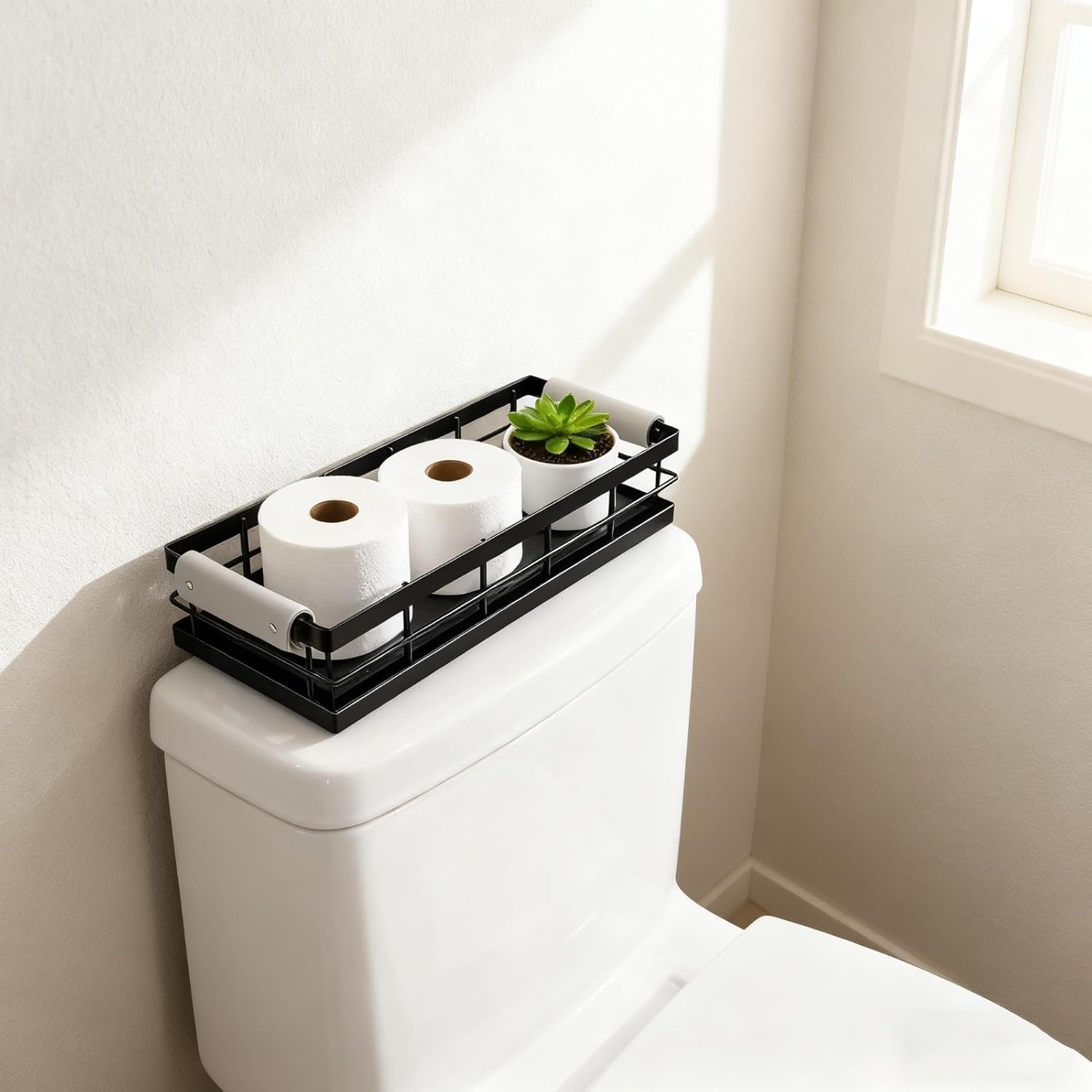 Toilet Paper Storage Basket, 13 Inch Wood and Iron Toilet Tank Basket with Grip for Bathroom Tank Topper, Fragrance Cosmetics toiletries Bath Bottles Counter Decoration Tray (Black) - Image 2
