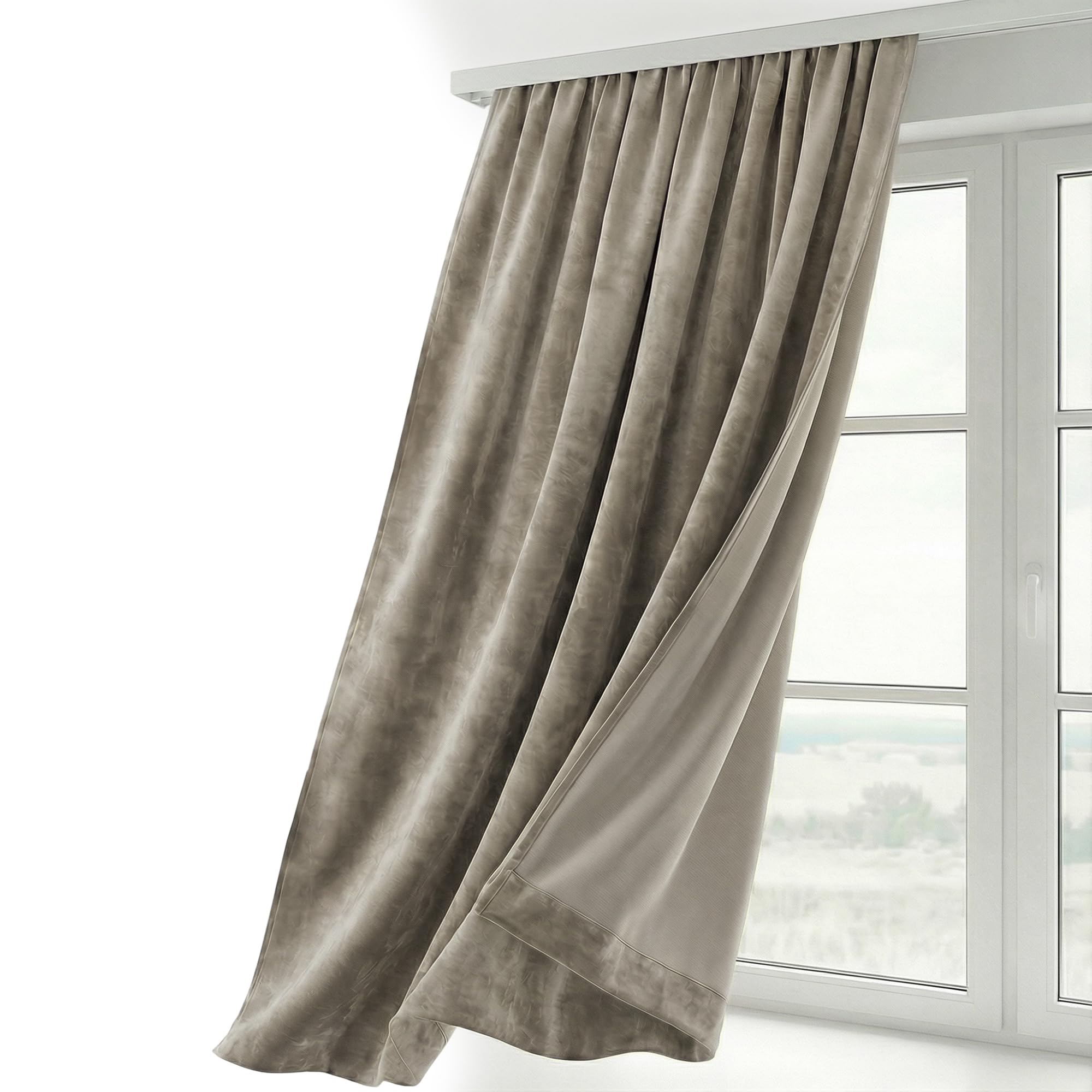 Beautex Taupe Velvet Curtain, Ruffle Tape, U-Tape Curtain, Darkening And Opaque, 140 X 225 Cm (Width 140 Cm, Height 225 Cm, )