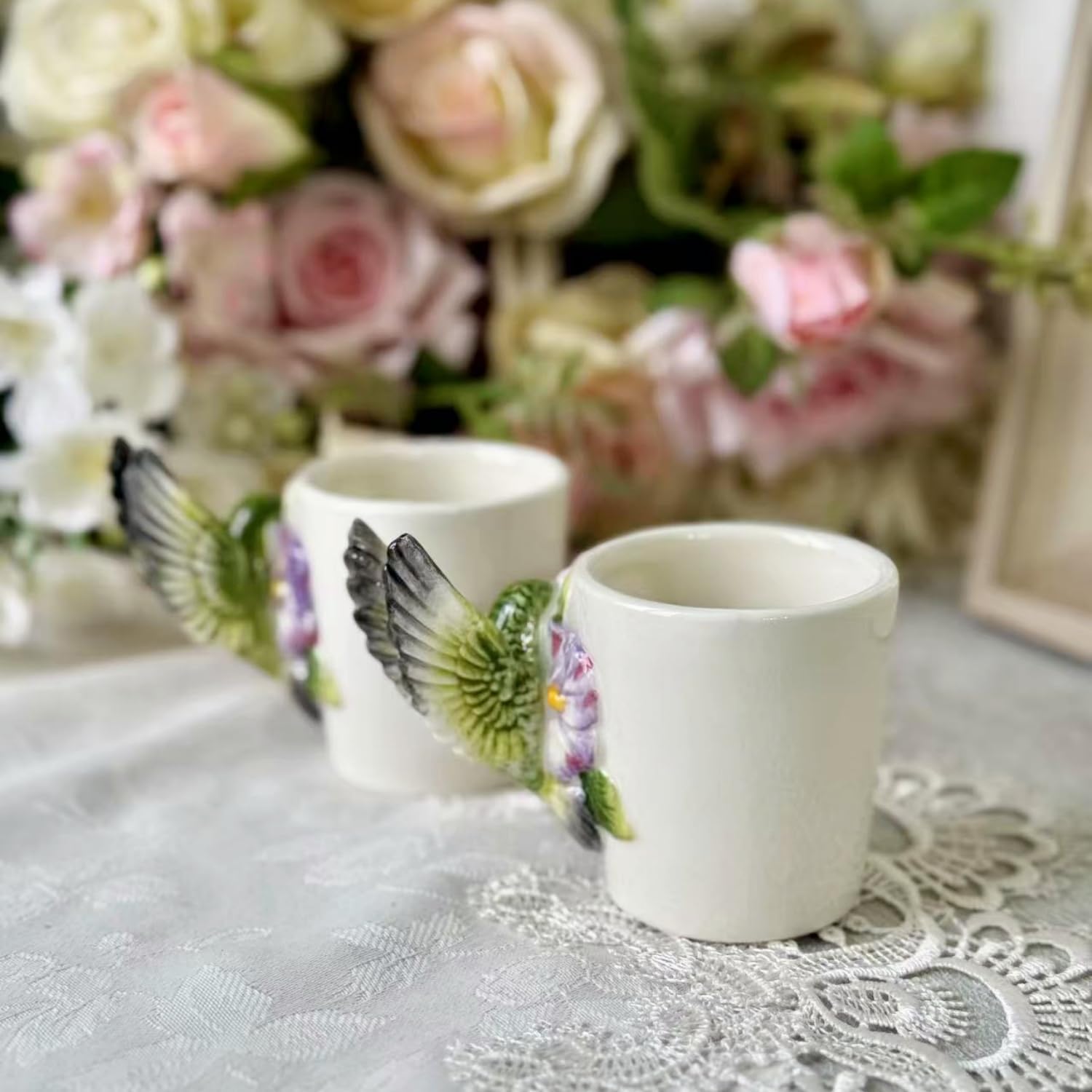 2PCS Ceramic 3D Hand-painted Ltalian Espresso Cup, Mug, 90ml/3Oz（Hummingbird ）