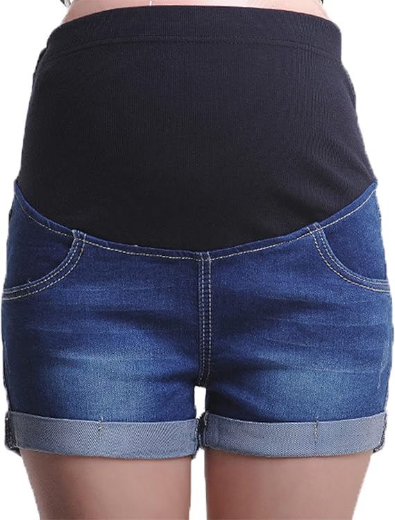 Suncolour Maternity Shorts Casual Denim Jeans Shorts Belly Stretch Foldable Hem Short Jeans