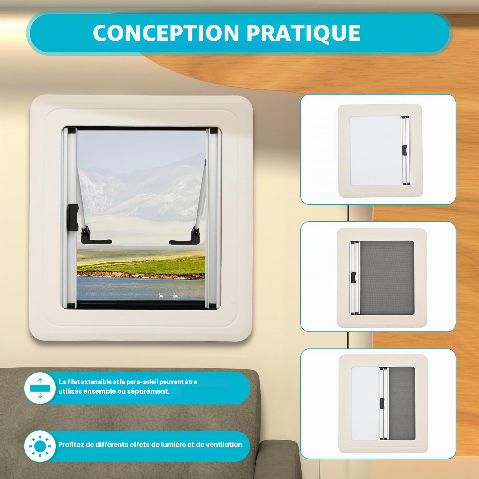 Fenêtre latérale pour caravane, 45x50 cm, fenêtre escamotable à ouverture pousser-tirer avec protection contre les insectes, protection visuelle, store occultant, pour caravanes, camping-cars et