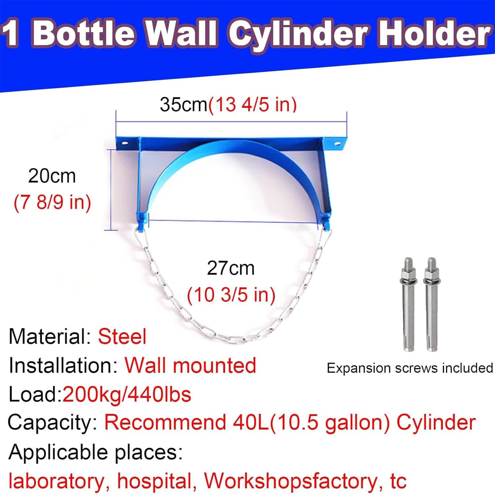 Genérico Soporte de Pared para bombona de oxígeno - Soporte para Tanque de Gas Nitroso con Orificios pretaladrados, Tornillos y Cadena de Seguridad - Sujeta 1 Botella, 3 Unidades - Ideal para Uso Dom