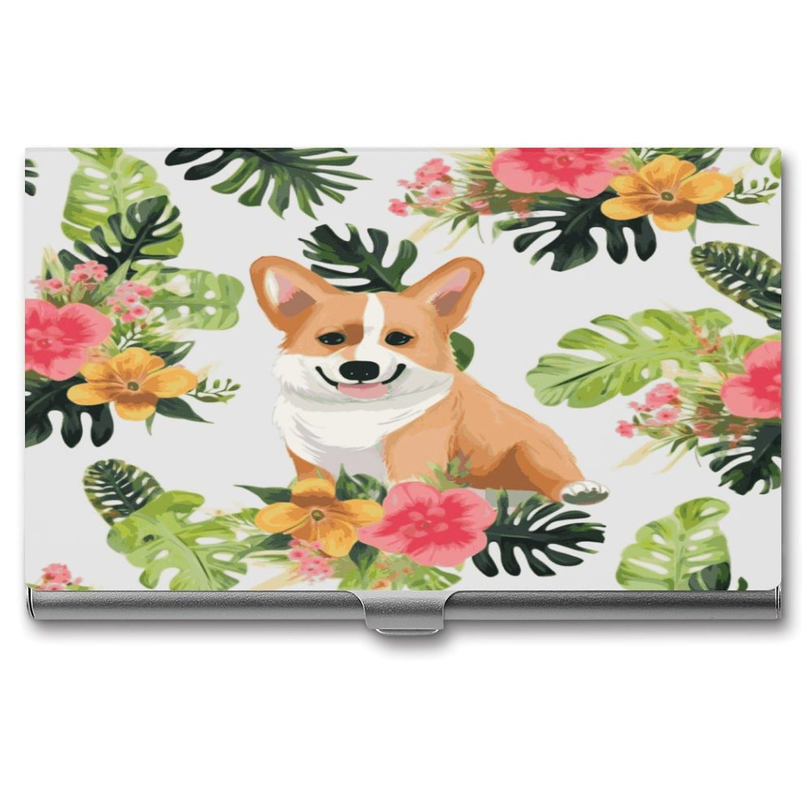 FekiLoot Tropical Flower And Corgi Business Card Holder for Men Women Metal Slim Organizer Business Card Carrier Wallet Name Cards Holder Retro Slim Pocket Purse Small Portable Card Case
