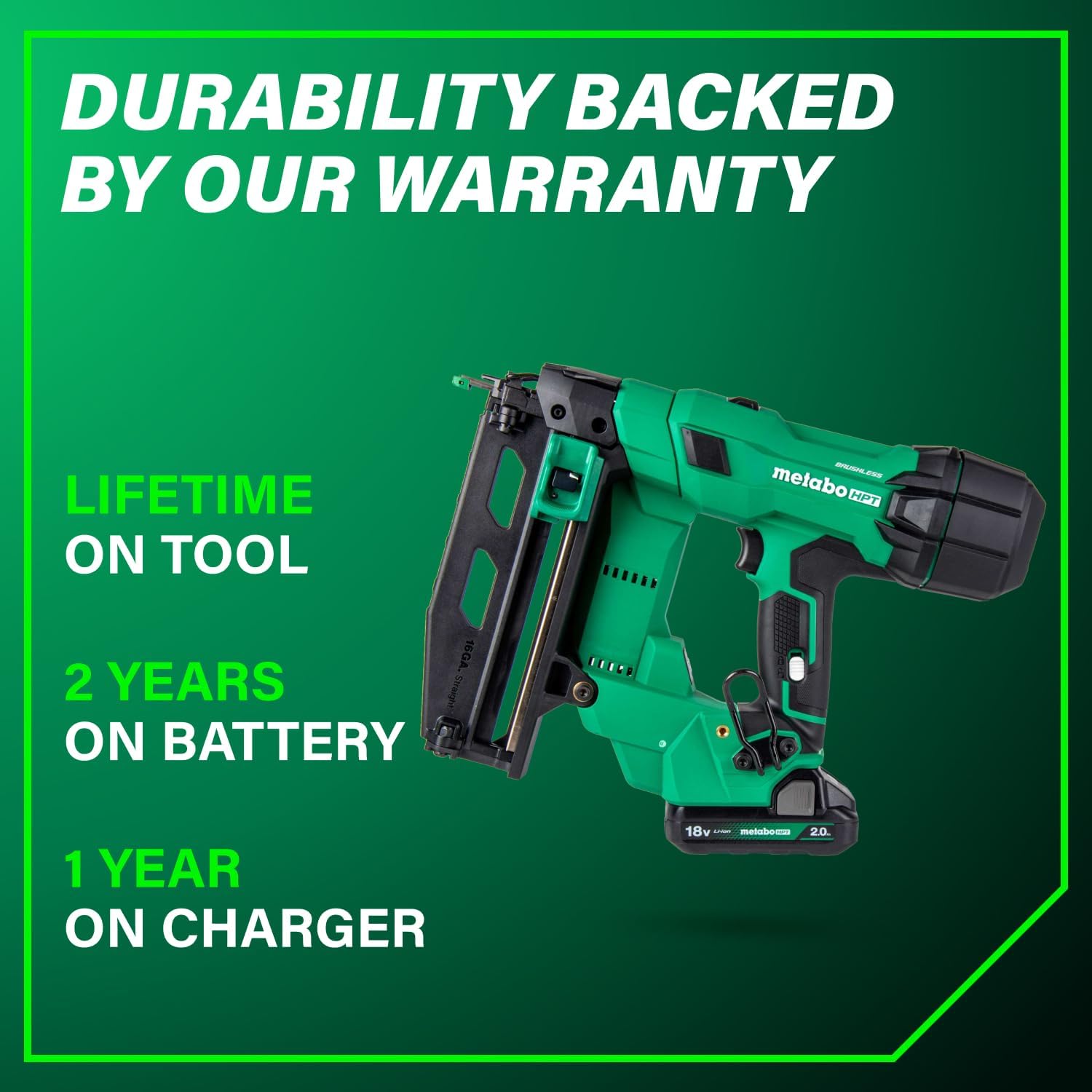 Metabo HPT 18V MultiVolt Brushless Pro 16-GA Straight Finish Nailer Kit, 16 Gauge Finish Nailer, Power Tool with 2.0Ah Lithium Ion Battery, 1" to 2-1/2" Nails, Powerful Brushless Motor, NT1865DSA - Image 13