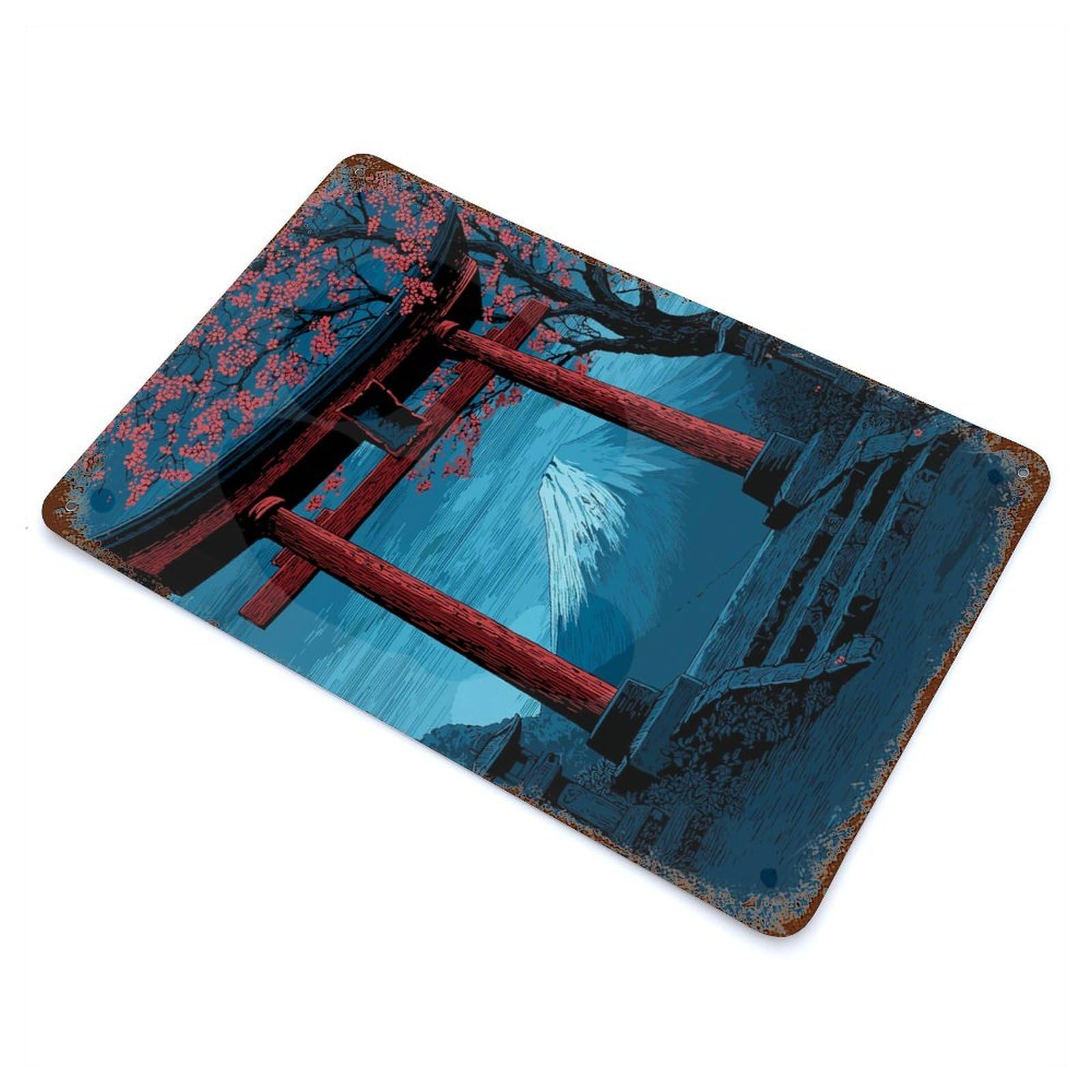 Japanese Torii Gate with Mount Fuji Vintage Rust Metal Sign 11.8"x7.9", Ideal for Basement, Hobby Room And Garage Decor