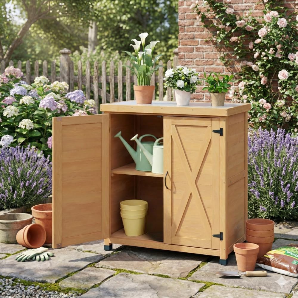 Durable Outdoor Storage Cabinet with Weather-Resistant Metal Top and Wooden Frame for Patio, Yard, Garage or Garden Use 1