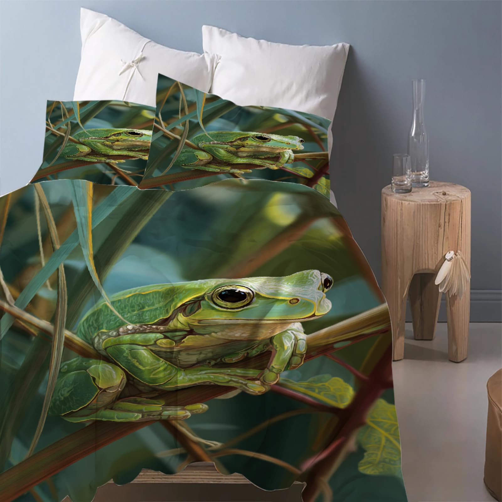 Generico Rana verde Set Copripiumino, Animale per bambini Copripiumini 220x260cm con 2 Federe, Pianta Set Letto set da letto 3 pezzi, Hobby di arredamento per la casa Copripiumini Morbido Traspirante