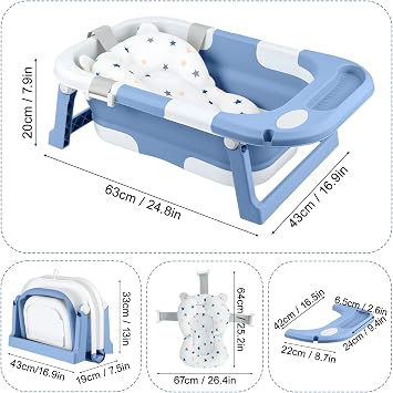 Foldable Baby Bathtub with Seat Support – Portable Collapsible Infant Bath Tub for Newborn to Toddler (0–36 Months), Non-Slip Safe Baby Bathing Tub (Blue)
