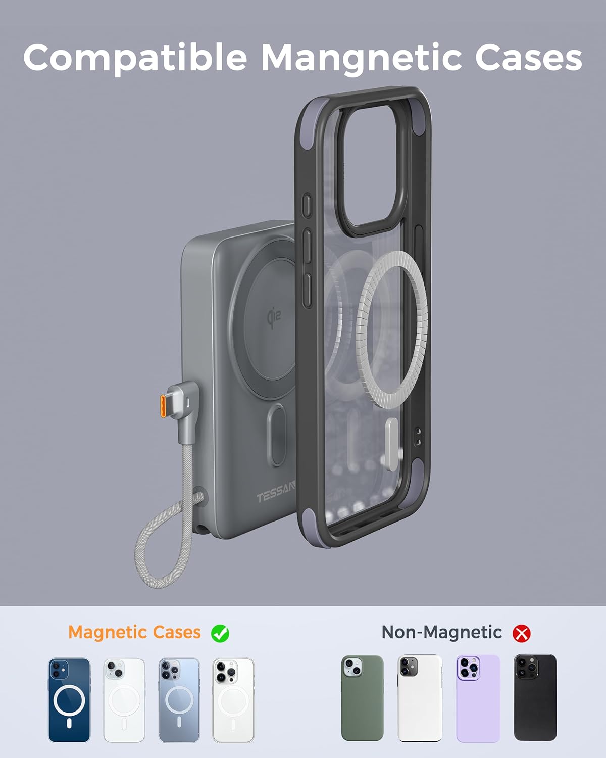 Comparison of magnetic and non-magnetic phone cases with TESSAN power bank