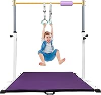 Vista 7 de Adjustable Gymnastics Bar for Kids with Mat - Sturdy Kip Bar with Rings, Horizontal Bar for Home Training, 3'-5' Height, Ages 3-15, 250 LBS