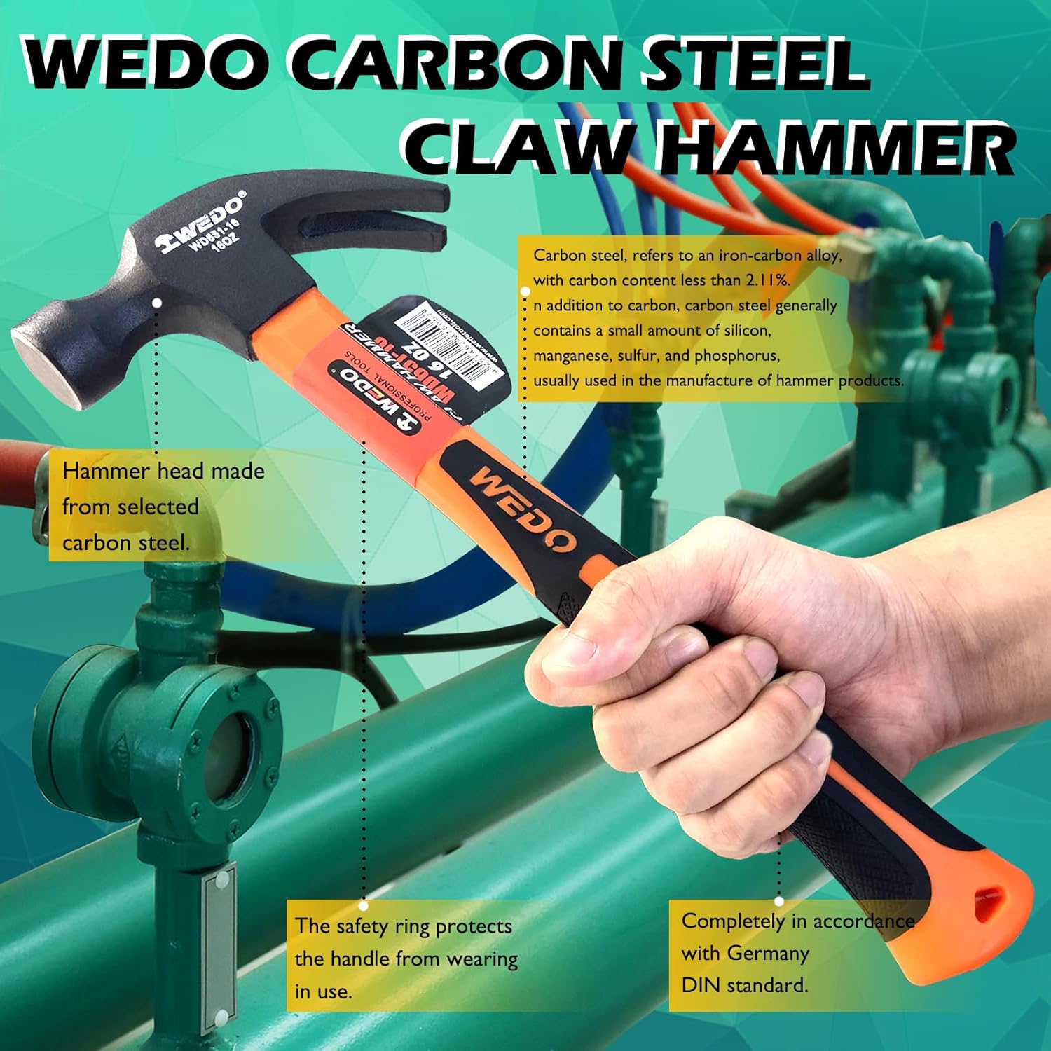 WEDO 4PCS Claw Hammer Set 16oz, Straight Claw Hammer, High Carbon Steel Framing Hammer with Fiberglass Handle for Prying Nails, Construction, Gardening,Yard Work, Repairing,Length 320mm