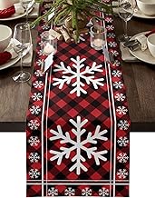 COLORSUM Cotton and Linen Table Runner Christmas Winter Snowflake Red Buffalo Plaid Durable Dresser Scarf Table Runner for Kitchen Dinner Table, Christmas Day Table Decoration 13x120 Inch