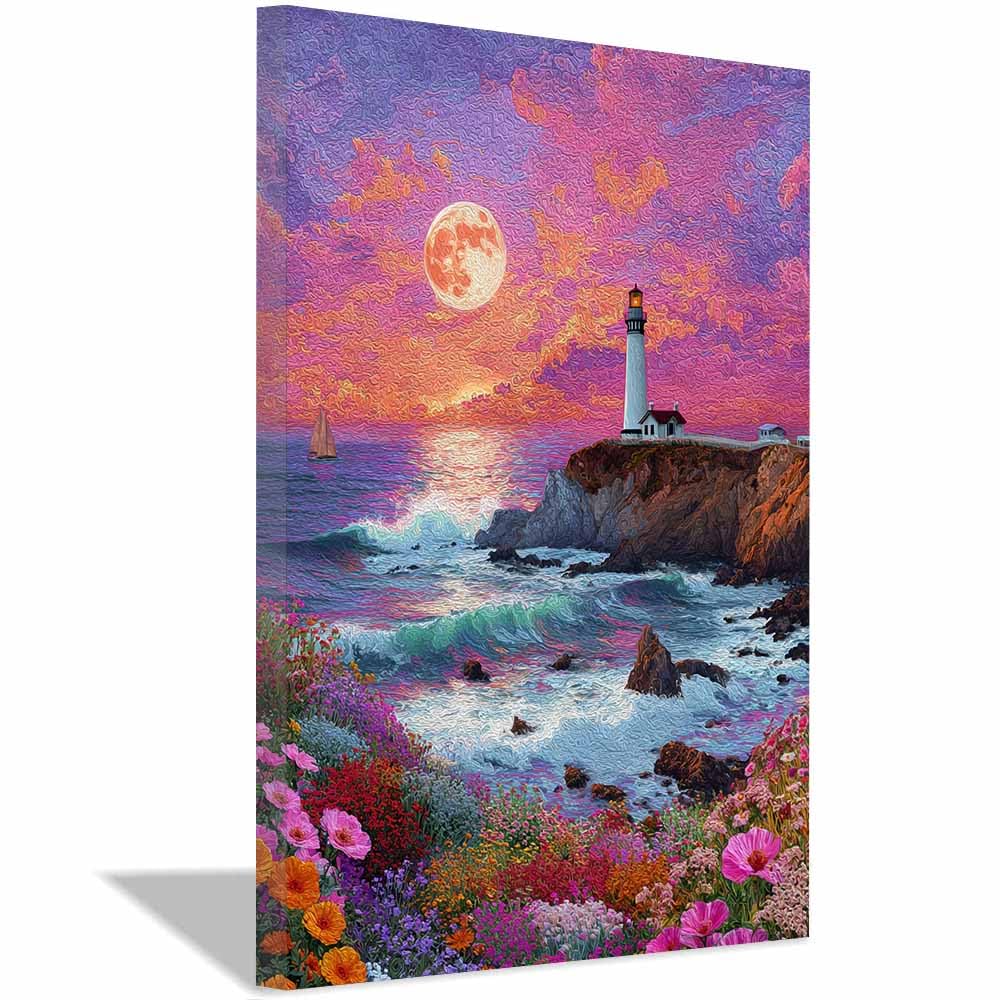 HOQIU Natural scenery wall art Lighthouse Moon Art decorative painting, wall art, for Living Room Bathroom Bedroom Kitchen Decoration.(Multicolor)-70x100cm Framed