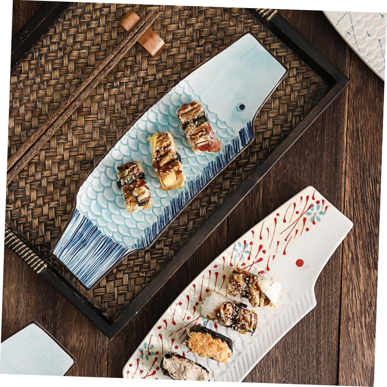 Mipcase Plato de Sushi de Cerámica Forma de Pez 29 Cm Azul Decorativo Resistente para Restaurantes y Hogar Vajilla Japonesa para Sashimi y Mariscos