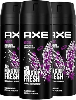 Axe Spray corporal Excite desodorante sin aluminio proporciona una protección eficaz contra el olor corporal durante 48 horas, 3 x 150 ml