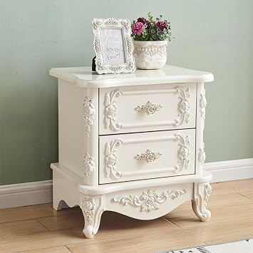 French Country Nightstand with 2 Drawers, Wooden Vintage Bedside Table, European Provincial Furniture with Carved Flower Motif, Accent End Table Silver, 18x16x19in/45x40x48cm, Wood