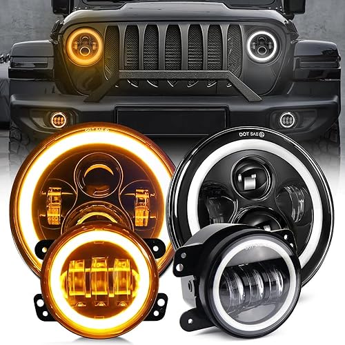 UNI-SHINE 2 faros delanteros LED redondos de 7 pulgadas + 2 luces antiniebla LED de 4 pulgadas aprobadas por DOT H6024 compatibles con Jeep Wrangler