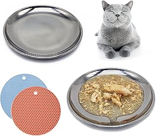 RMNHPTK Cat Food Dishes, Stainless Steel Cat Shallow Dish Whisker Relief Cat Shallow Bowls Wide Plate Pet Dishes with Non-Slip Placemat Basic Dish for Cat Kitten (2 PCS)