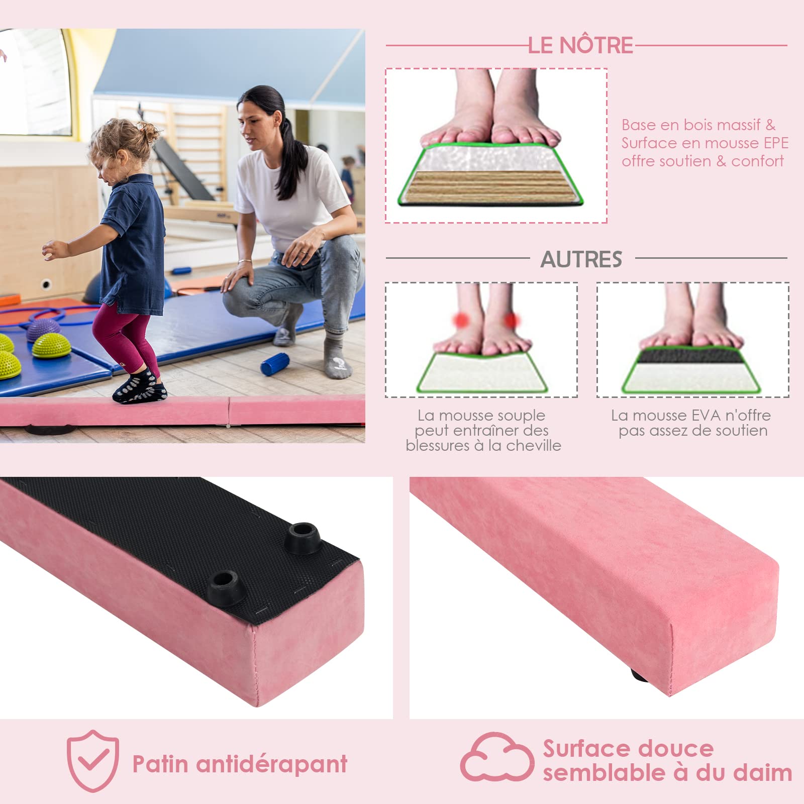 GYMAX Poutre Gymnastique pour Enfant, Poutre d'Équilibre Pliable 210CM, Portable, Robuste en Bois Massif, avec Patins Antidérapant & Surface Douce, Transport Facile, pour Danse/Fitness (Rose)