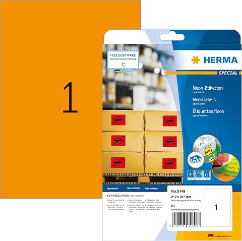 HERMA 5149 Renkli Etiketler Neon Turuncu, 20 Yaprak, 210 x 297 mm, 1 Adet A4 Yaprak, 20 Adet, Kendinden Yapışkanlı, Mat, Neon Etiketler, Renkli Çıkartma