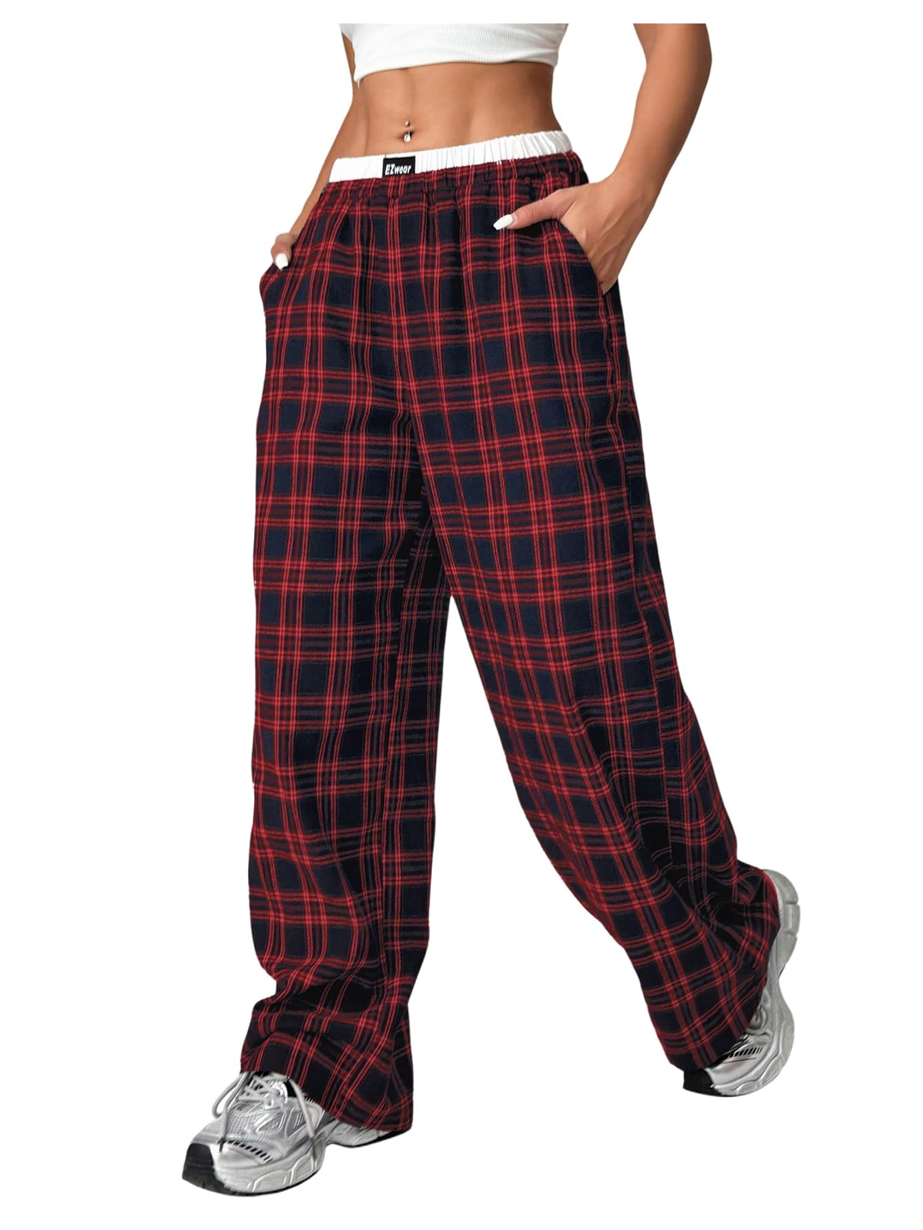 Floerns Womens Y2k Plaid Wide Leg Pants Elastic Waist Street Trousers with Pockets