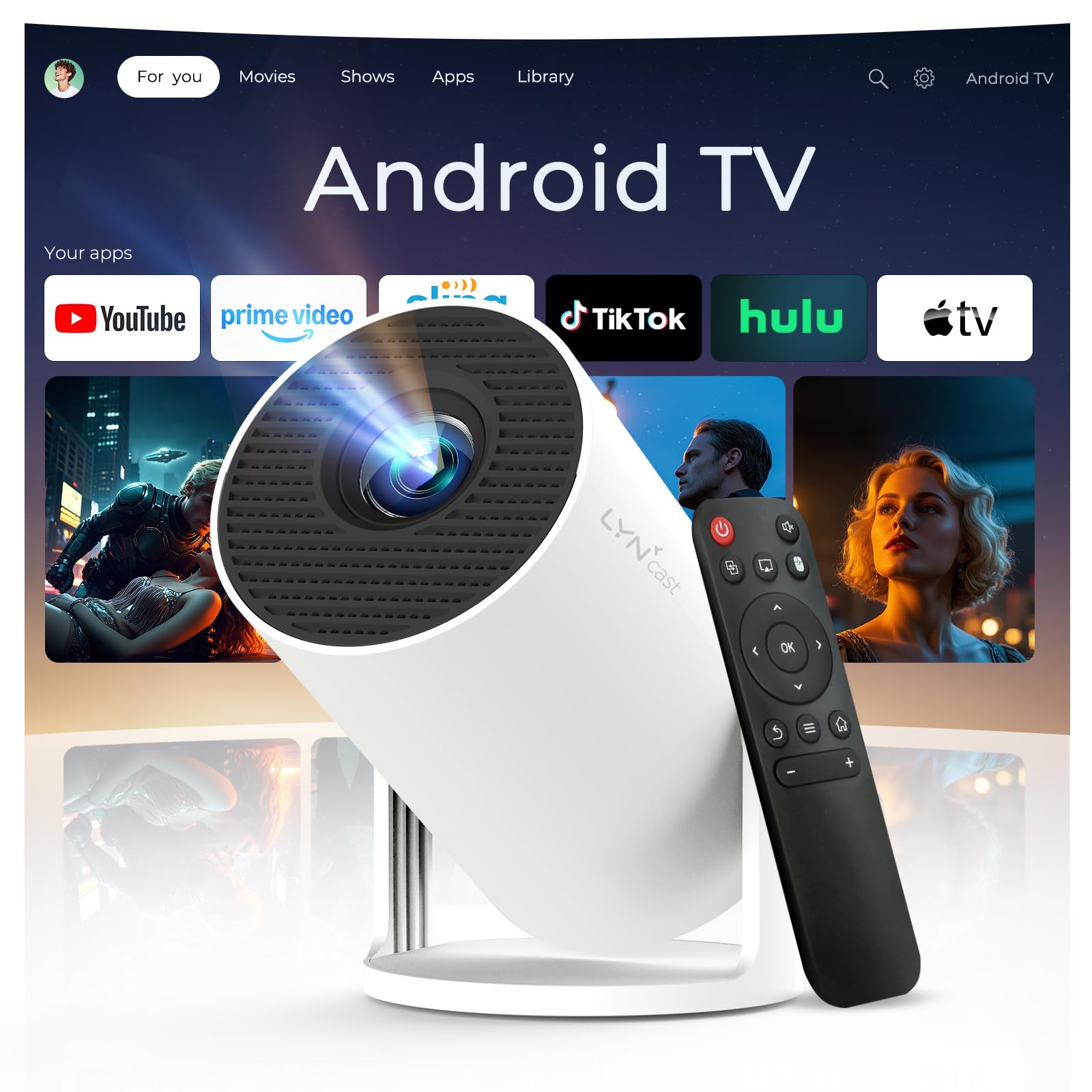 Mini Proiettore con WiFi e Bluetooth Integrato, Android 14, Supporto 1080P 4K, Proiettore Portatile, Rotazione 180°, Versione Aggiornata HY300 Pro+, per Uso Domestico ed Esterno LYNCAST