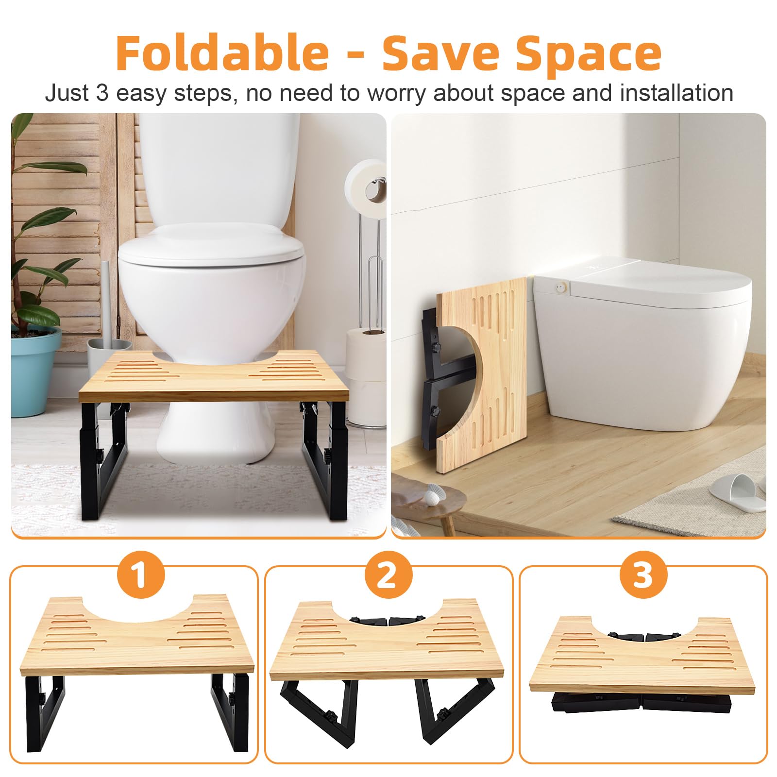 Taburete Inodoro Plegable de Madera, Taburete Baño Altura Ajustable con Soporte de Metal, Escalón Plegable WC con Almohadilla Antideslizant, Contra Estreñimiento