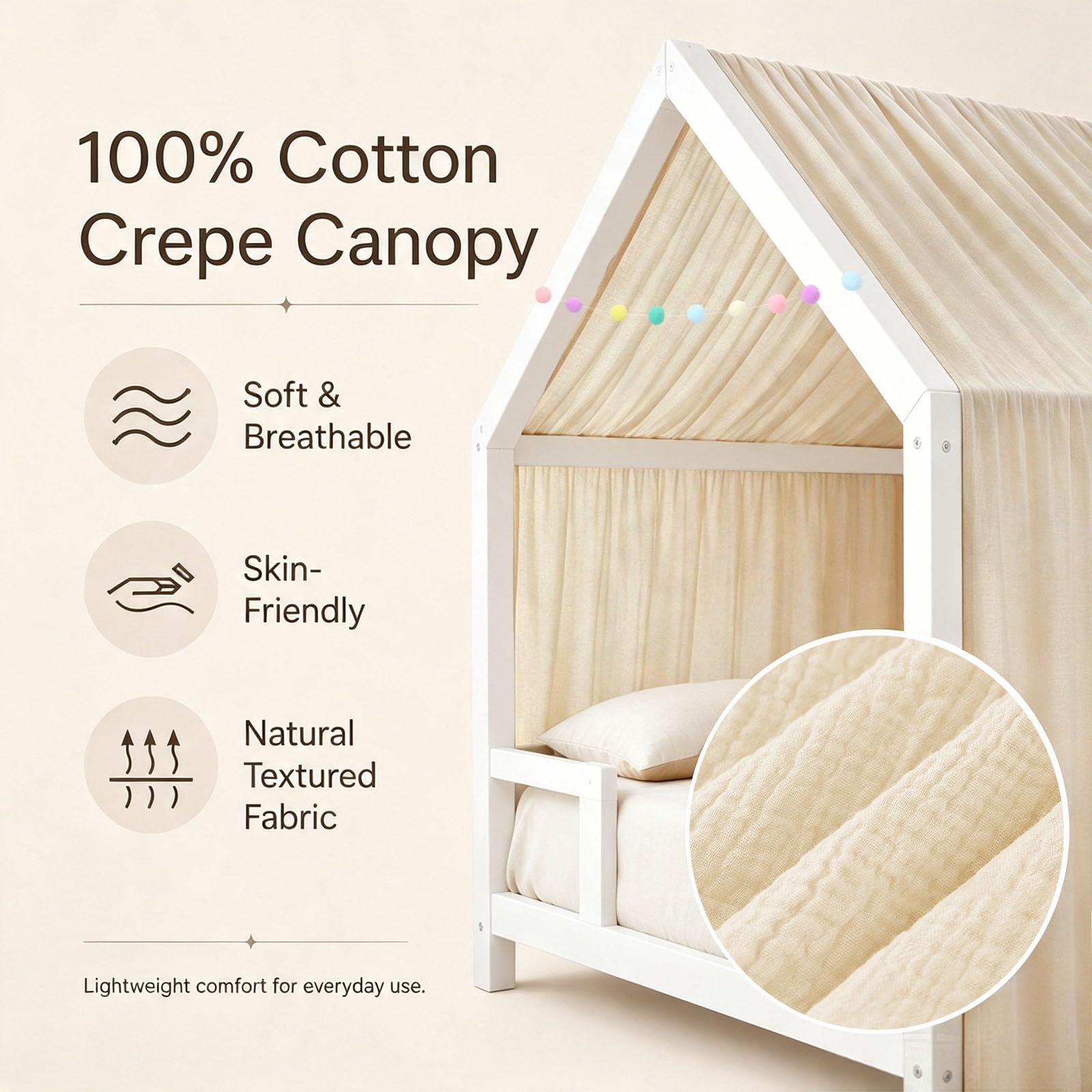 Baldaquin Lit Enfant Maison – 100% Coton, Betthimmel Maison, Voilage Lit Cabane Chambre Enfant, Décoration Baldachin Chambre Fille Garçon, Ruban Décoratif 5 m, 135 x 360 cm (Gris Abricot)