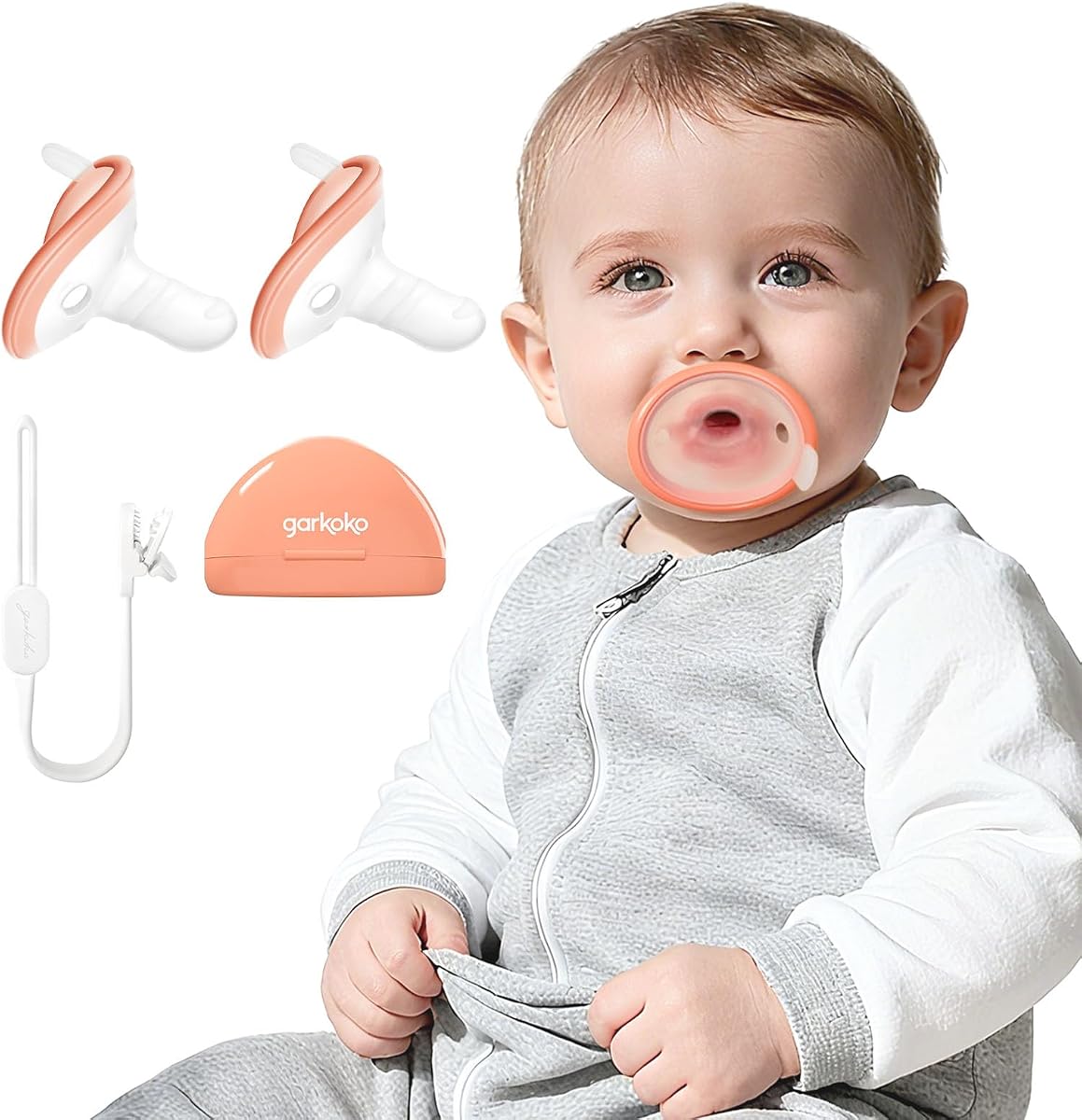 Garkoko 2-Pack Lightweight Baby Pacifier 0-18 Months, Easy for Babies to Keep in, Less Falling Out for Longer Soothing, Thumb-Shaped BPA-Free Silicone Pacifier with Clip & Case