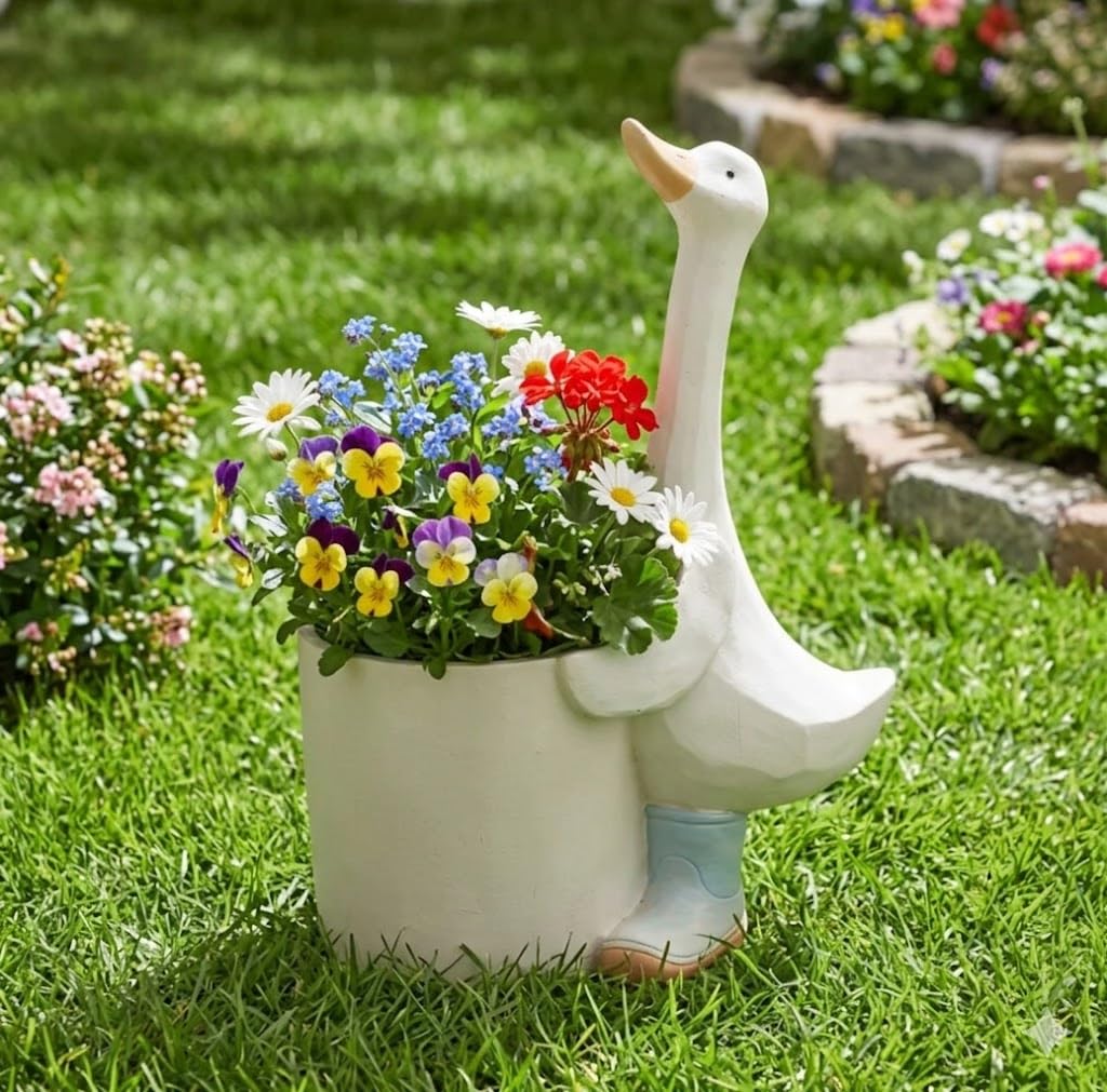 Bloomingtons Direct Duck Garden Planter Indoor Outdoor Flower Pots with Drainage Holes, 100% Resin Garden Pots Planters for Your Garden Barrel Design Planter with Duck Figurine