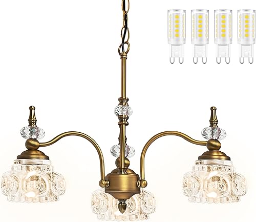 Montex Lámpara colgante vintage de 3 luces de latón dorado, lámpara vintage con pantalla de cristal de latón, 4 bombillas incluidas