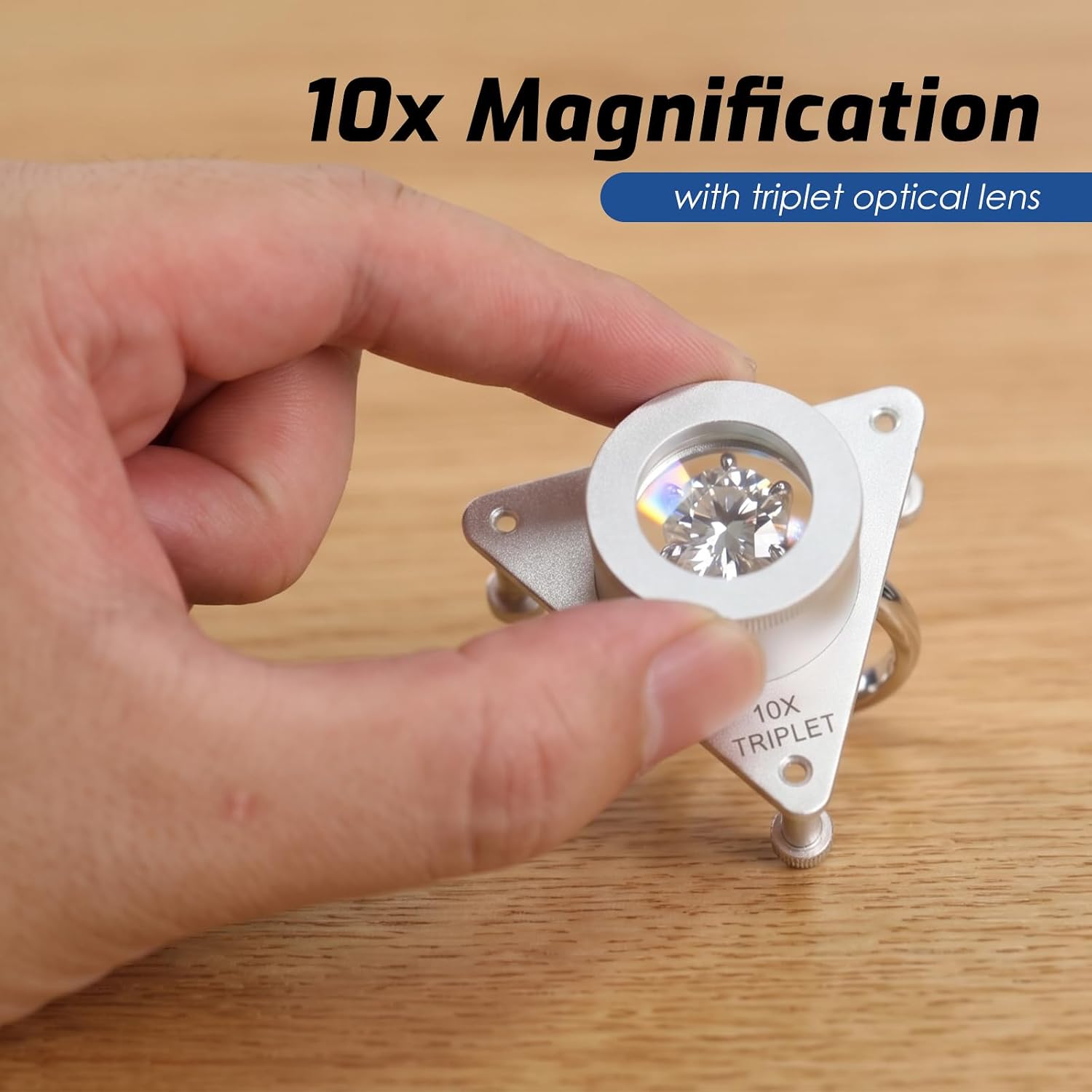 10X Triplet Loupe Magnifier, 21mm Premium Triplet Lens Metal Jewelers Loupe with Adjustable Focus, Hands-Free Mini Desktop Eye Loupe with Stands for Jewelry, Coins, Watches, Crafts, Stamps Inspection