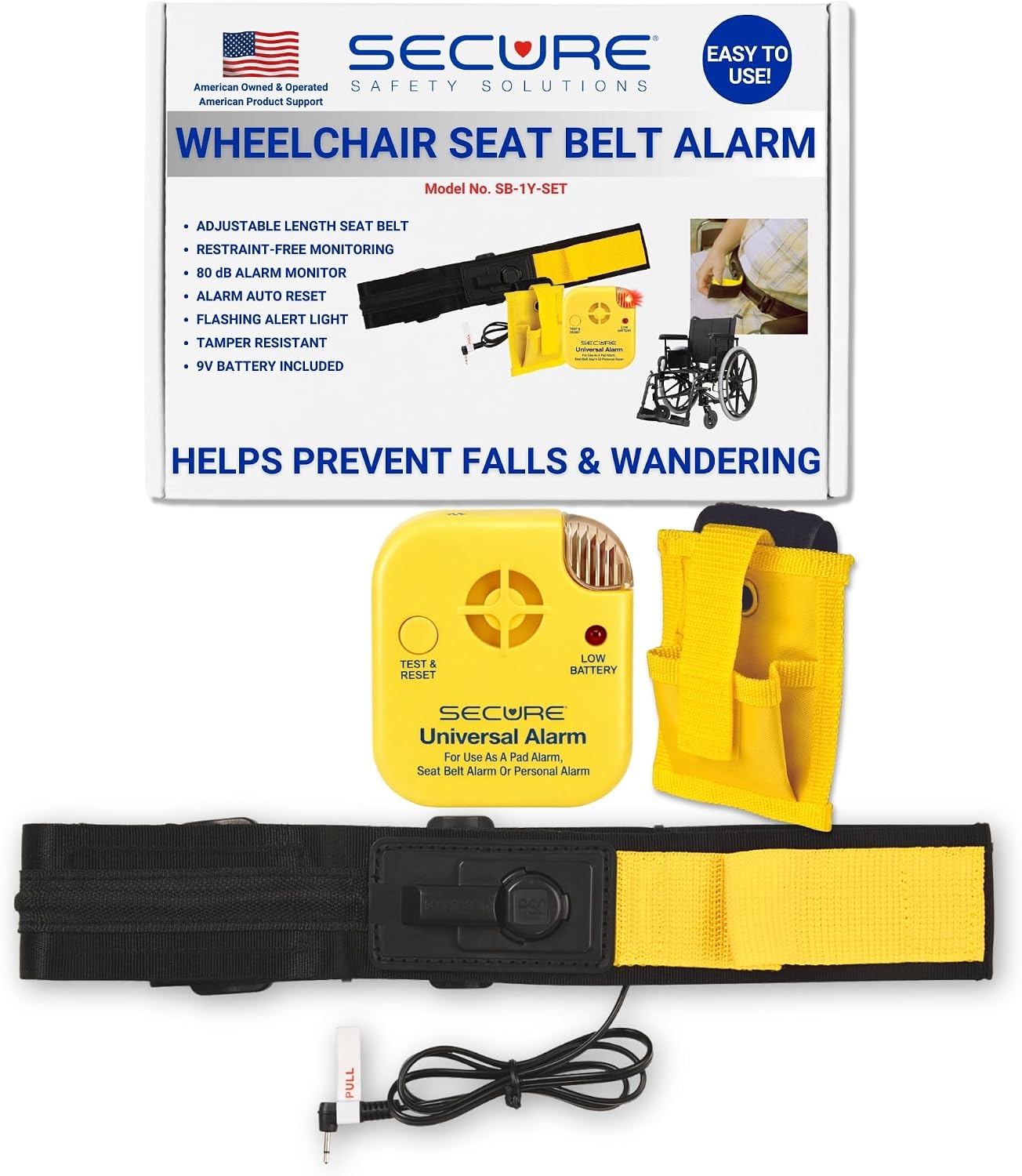 Secure Safety Solutions Wheelchair Seat Belt Chair Alarm for Elderly Fall Prevention - 80 dB Caregiver Alert Patient Monitor and Non-Restraint Seatbelt Sensor Strap for Dementia Patients Safety
