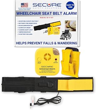 Secure Safety Solutions Wheelchair Seat Belt Chair Alarm for Elderly Fall Prevention - 80 dB Caregiver Alert Patient Monitor and Non-Restraint Seatbelt Sensor Strap for Dementia Patients Safety