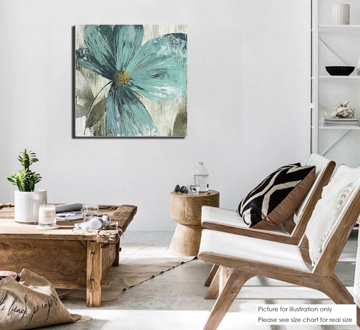 Niwo ART - Teal Flower B, Floral painting Artwork Canvas Wall Art Home Decor,Framed Ready to Hang (16"x16"x3/4")