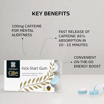 Healthspan Elite Caffeine Chewing Gum | 100mg Fast-Release Caffeine | All Blacks Official Partner | Informed Sport Accredited | Energy | Mint Flavoured | Vegan (120 Pieces)